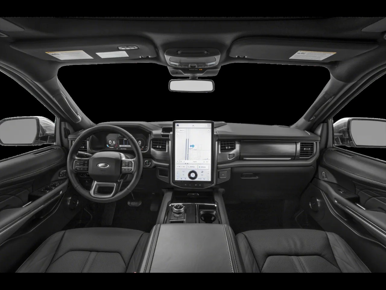 2024 Ford Expedition Max interior with large touchscreen infotainment and comfortable black leather seating