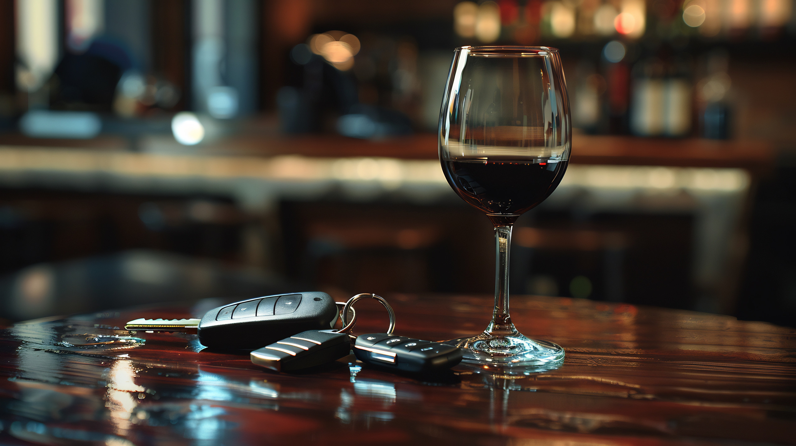 Car key fob next to a glass of red wine on a polished wooden table, representing responsible designated driver service in Napa Valley