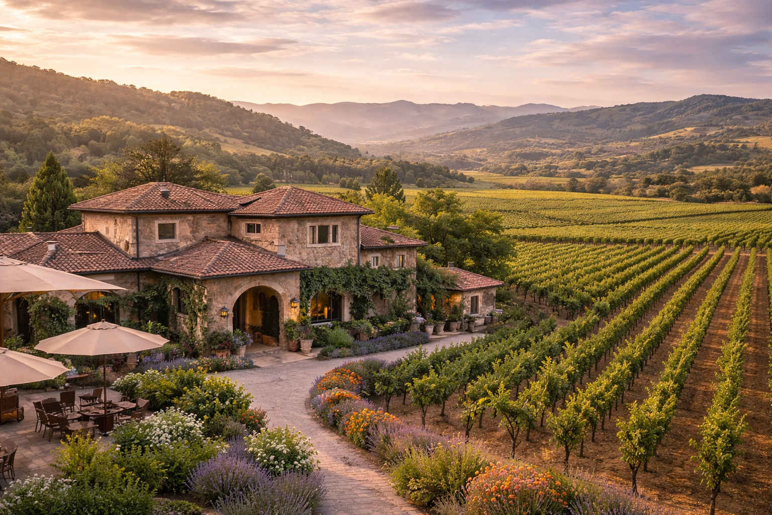 Aerial view of Napa Valley vineyards at golden hour