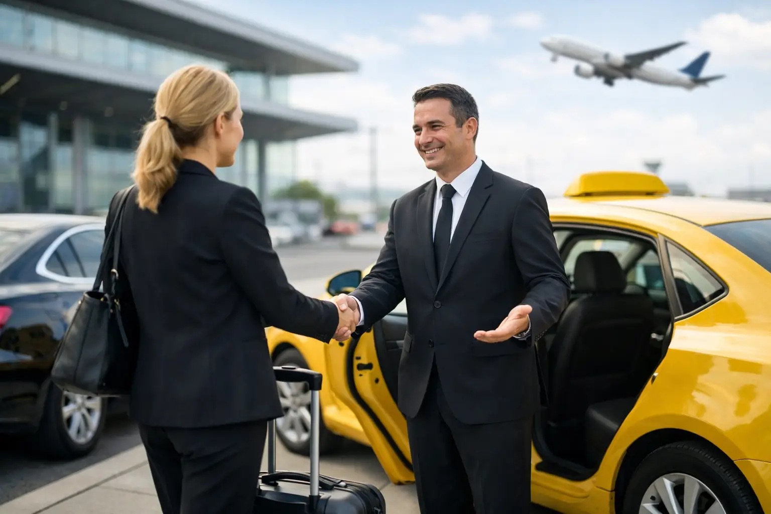 Luxury airport taxi transfer vehicle waiting at a Northern California airport for wine country guests
