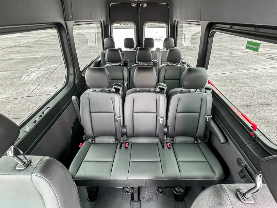 Ride Eaze Mercedes Sprinter Van interior for large group Napa Valley wine tour and celebrations